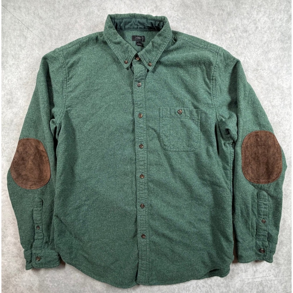 J Crew Mens Large Flannel Shirt Green Cotton Wool Suede Elbow Patches Button Up